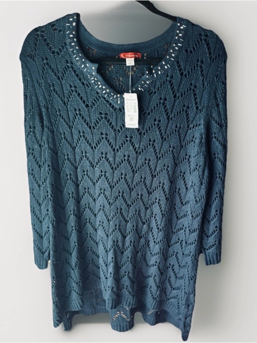 dressbarn Blue Openwork V-Neck Sweater with Beaded Trim